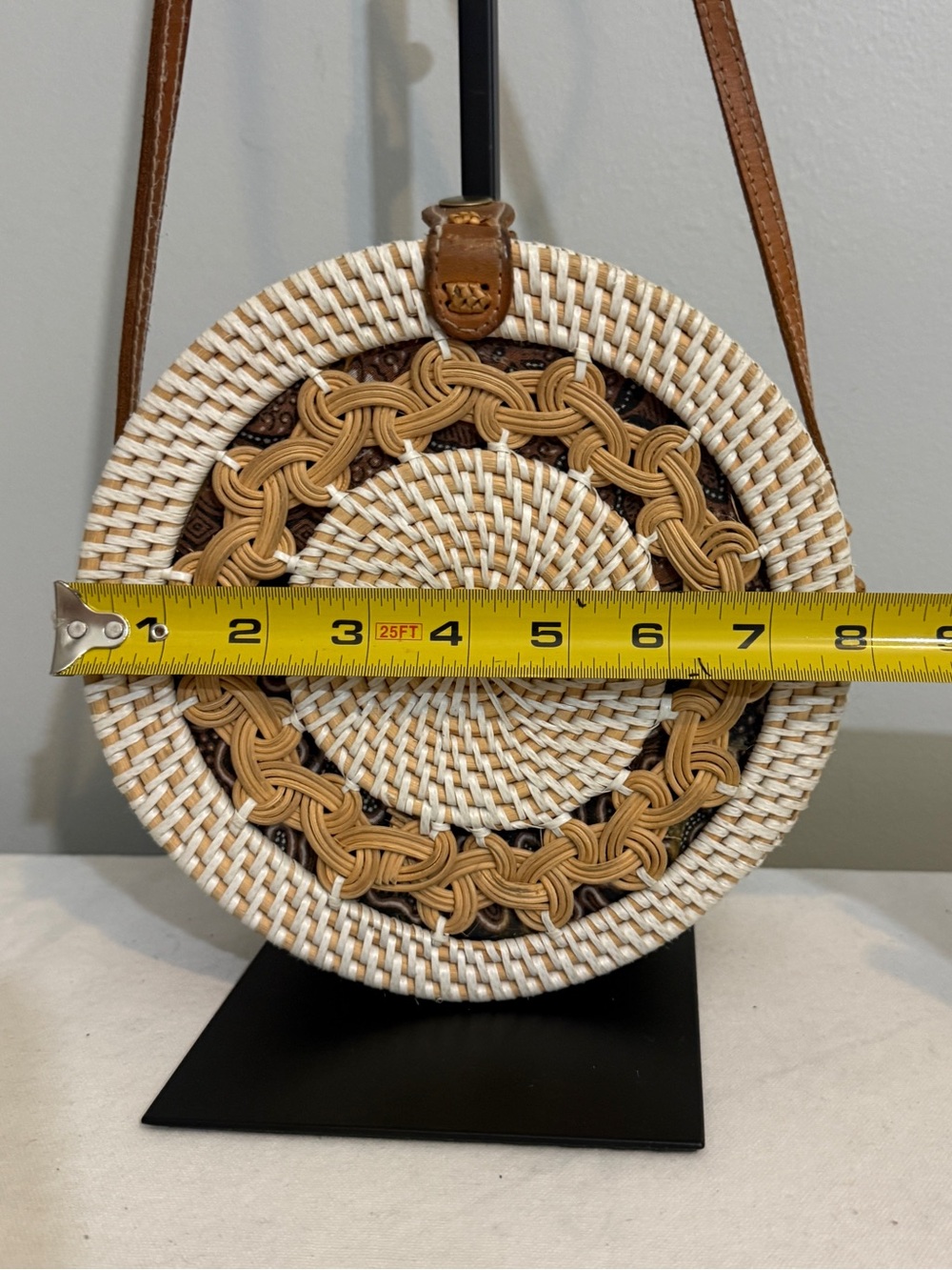 Round Rattan Crossbody Bag Woven Medallion Sunburst Boho Leather Strap - Picture 15 of 15